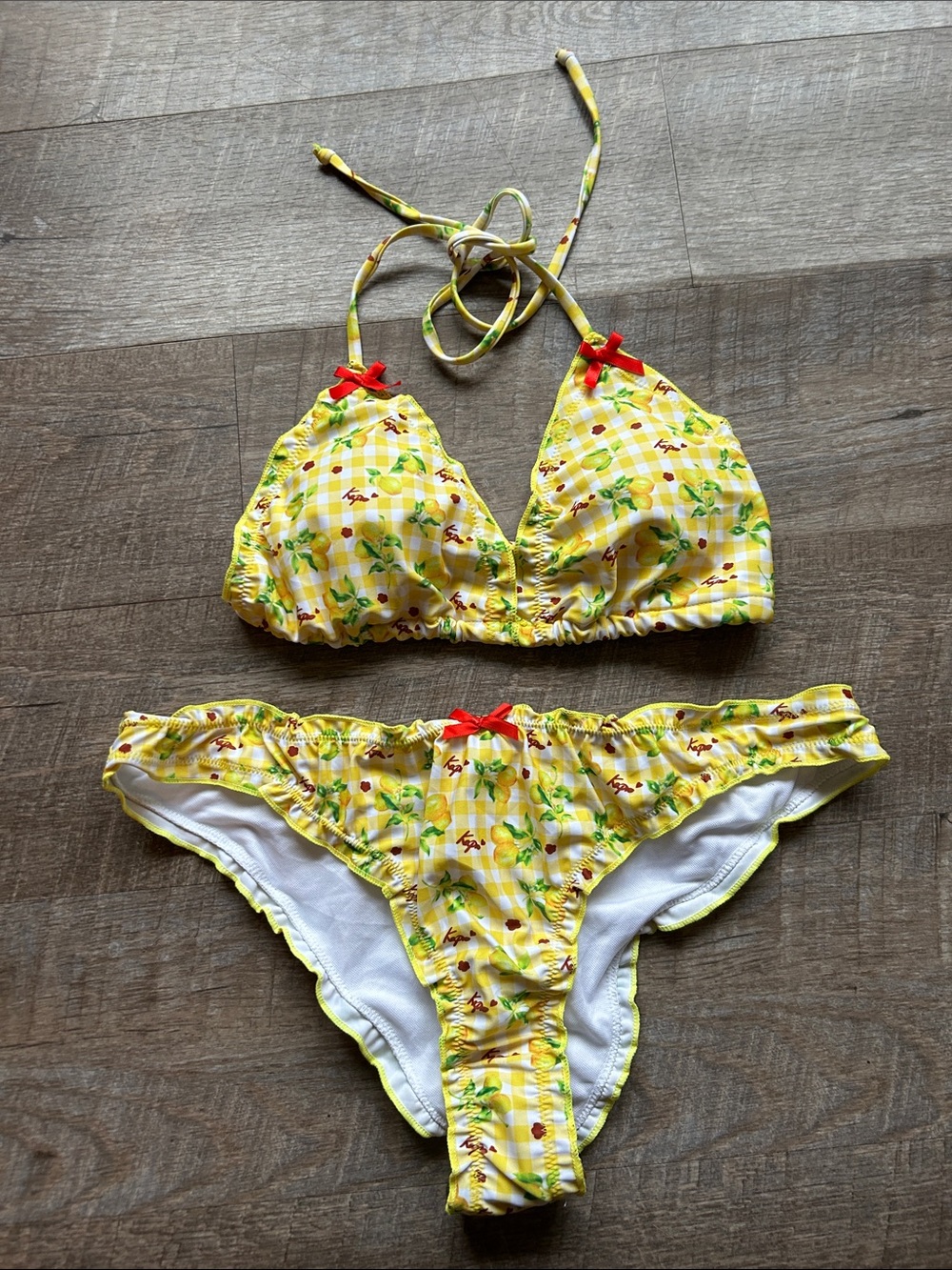 Yellow Lemons Floral Bikini Set with Red Bow Accents